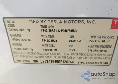 2016 Tesla Model S 90D/P100D/P85D/P90D z USA, uszkodzony, nr VIN 5YJSA1E49GF126764